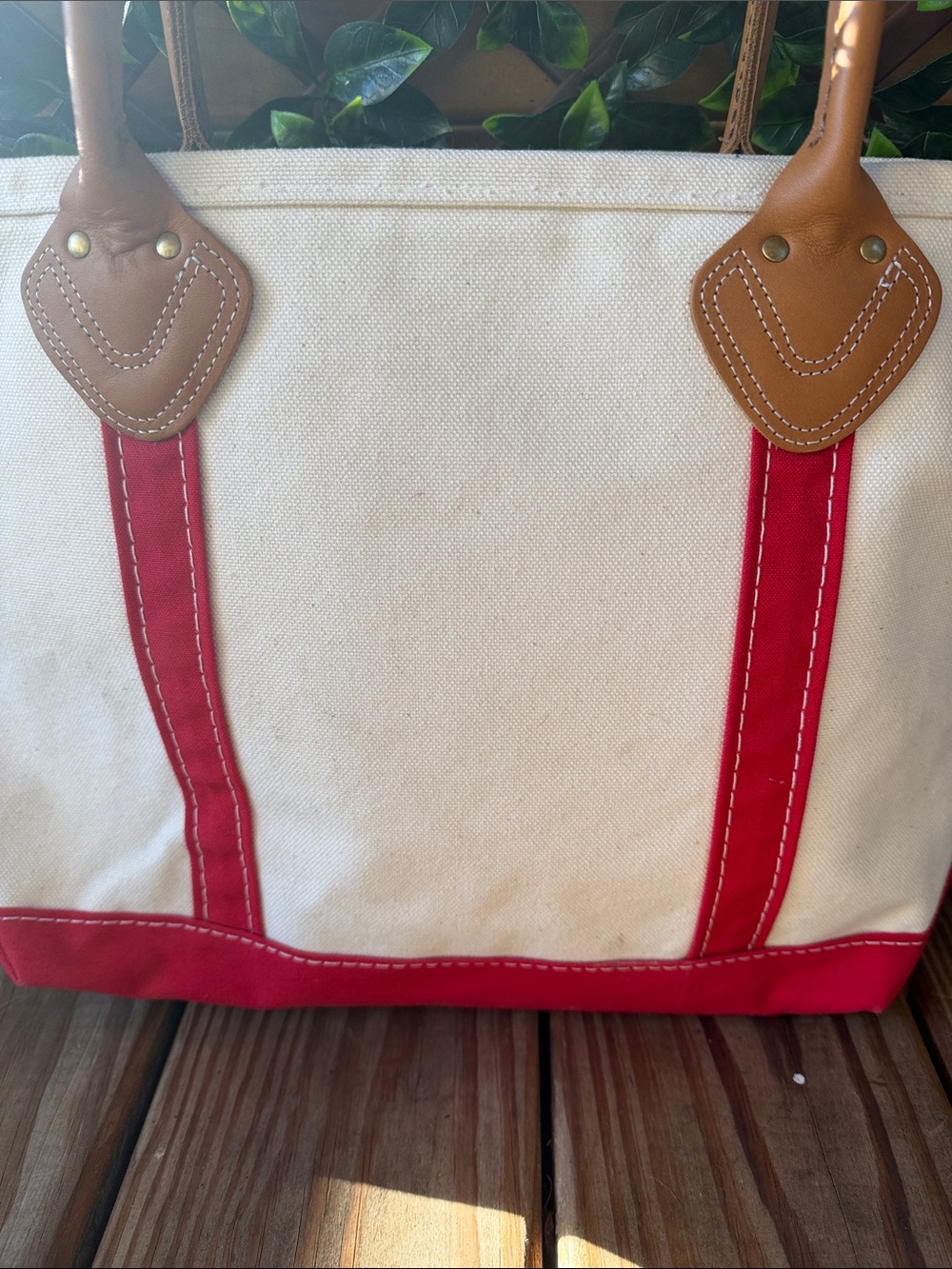 Vintage L.L. Bean Cream Canvas Tote with Red Trim and Tan Leather Handles - Picture 5 of 6